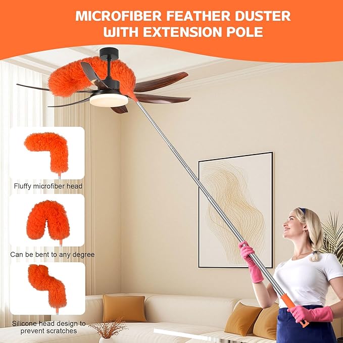 Microfiber Feather Duster Extendable Duster with 30'' to 100'' Telescoping Extension Pole, Bendable Head & Long Handle Dusters for Cleaning Ceiling Fan, High Ceiling, Blinds, Furniture & Cars