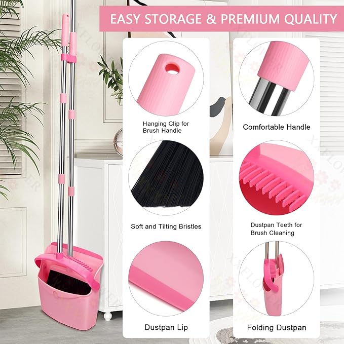 XXFLOWER Broom and Dustpan Set, Dustpans with Broom Combo for Home, Heavy Dust Broom and Dustpan Combo, Long Handle Dust Pan and Broom Set for Kitchen, Office, Pet Hair,Pink, Pack of 1