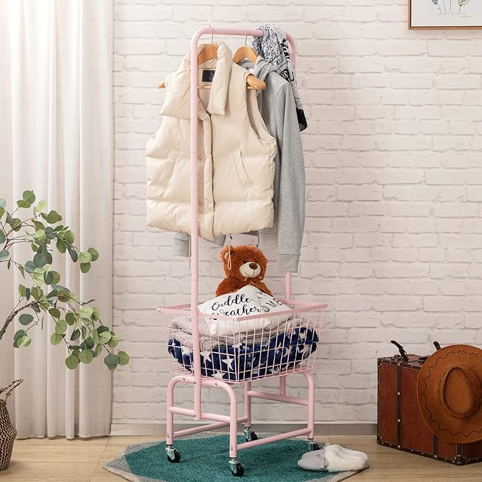 ALIMORDEN Laundry Cart with Clothes Rack, Rolling Laundry Butler with Wire Storage Rack，Pink