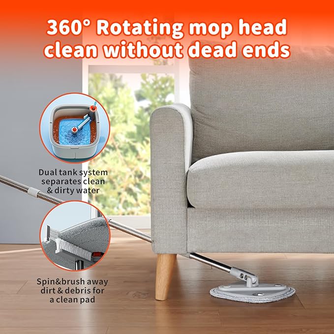 KZKR Spin Square mop and Bucket System with Wringer Set for Home with 2 Mop Pads (Grey,White)