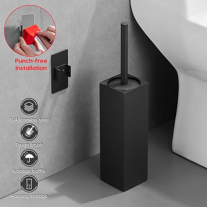 Brushed Gold Stainless Steel Toilet Brush, Square No-Punch Hook Base Toilet Brush Holder Removable Inner Bucket and Splash Proof Cover - Soft Bristles (Non-Drill Square Plastic caps Black)