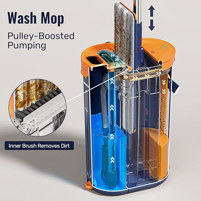 HoMettler Mop and Bucket Set with Wringer, 3-Tank Flat Mop and Bucket System, Wall Mop Cleaner with Long Handle, Hands Free Mops for Floor Cleaning with 8 Microfiber Pads