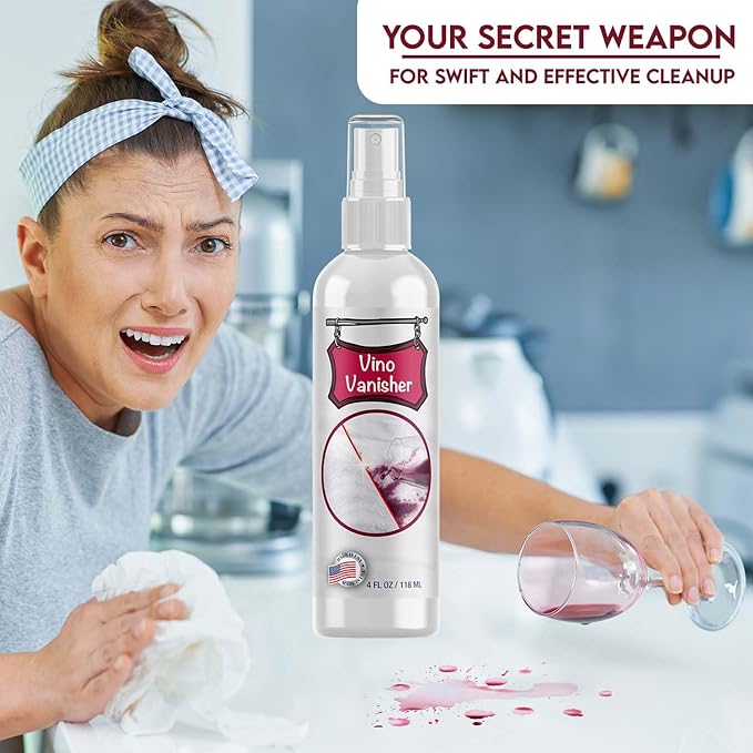 Vino Vanisher Wine Stain Remover – Instantly Lifts Red Wine Stains from Carpet, Clothing, Upholstery & More – Fast-Acting, Eco-Friendly Formula – Safe on Whites & Colors –4oz Spray Bottle