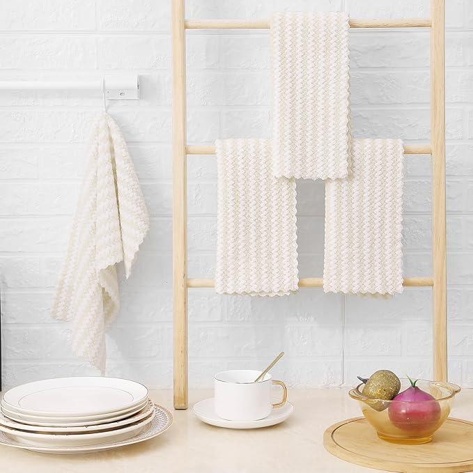 Homaxy Kitchen Towels(12 Pack, 10 x 20 inches), Ultra Soft and Absorbent Dish Towels, Reusable Fast Drying Microfiber Cleaning Cloth, Coral Velvet Wave Design No-lint, Beige