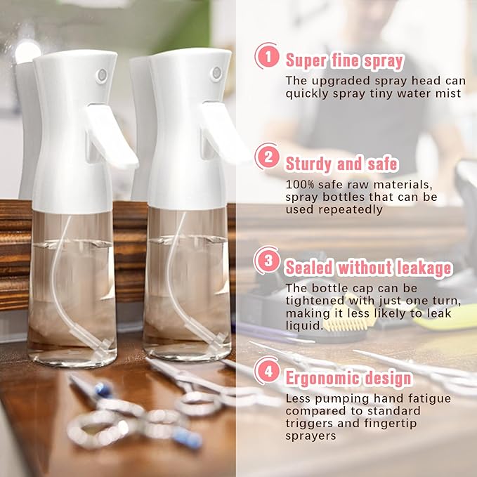 Continuous Spray Bottle,Hair Spray Bottle,Plants Water Spray Mist Bottle,Ultra-Fine Spray Bottle for Hair,Skincare, Plant Care, Pet Grooming, Cleaning,2 Pcs (6.8 oz White)