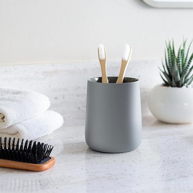 Yew Design Matte Gray Toothbrush and Toothpaste Holder and Cup for Bathroom Vanity and Countertop, Round Organizer for Electric Toothbrushes, Floss, Razors, Cotton, and Mouthwash