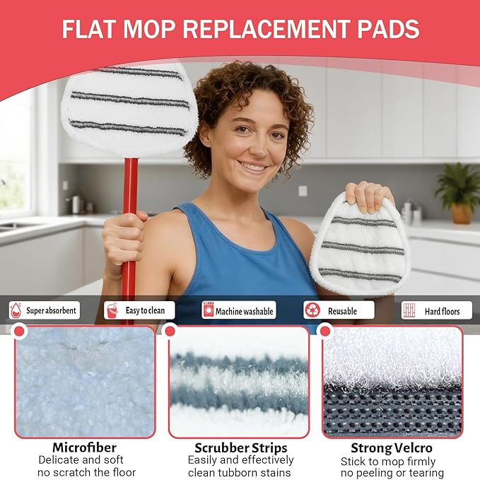 10 Pack Flat Mop Replacement Pads, Spin Mop Pad Replacement, Mop Refill Pads for O-Cedar EasyWring, 1 Mop Base and 1 Scraper for Cleaning Floor, Wall, Ceiling, Easy to Replace