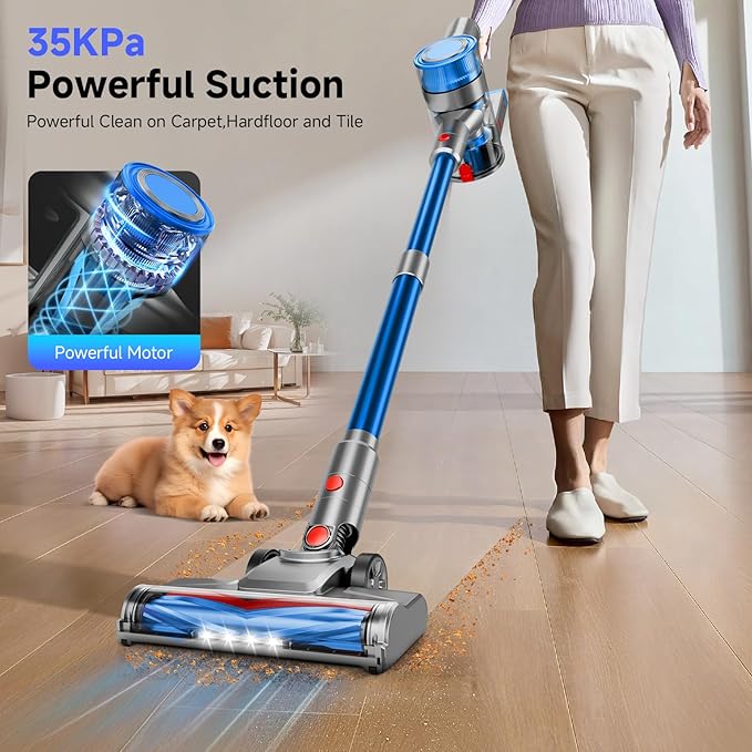 fenhua Cordless Vacuum Cleaner, Powerful Stick Vacuum Cleaner for Home with Rechargeable Battery, 6-in-1 Lightweight Handheld Vacuum, 45 Mins Runtime for Hardfloor & Carpets Pet Hair (Blue)