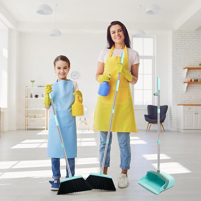 XXFLOWER Broom and Dustpan Set, Dustpans with Broom Combo for Home, Heavy Dust Broom and Dustpan Combo, Long Handle Dust Pan and Broom Set for Kitchen, Office, Pet Hair,Green, Pack of 1