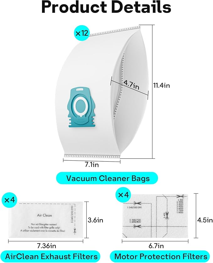 Leemone 12 Pack HyClean Air TU/CO Vacuum Cleaner Bags Replacement for Miele Guard L1 S1 M1 Series Vacuum Cleaners, 12 Vacuum Bags, 4 AirClean Exhaust Filters, 4 Motor Protection Filters