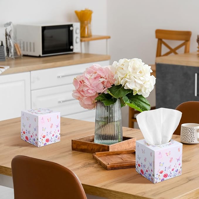 12 Pack Summer Floral Butterfly Facial Tissues Cube Boxes 600 Sheets 3 Ply Small Flower Face Tissues Bulk for Summer Car Bedroom Supplies