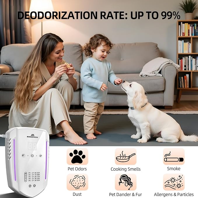 Morrerfresh Cat Litter Deodorizer & Pet Odor Eliminator for Home, Ozone Air Purifier Plug in for Strong Dog Poof, Litter Box Deodorizer with 5 Mode for Smoke, Wardrobe, Garage, Car