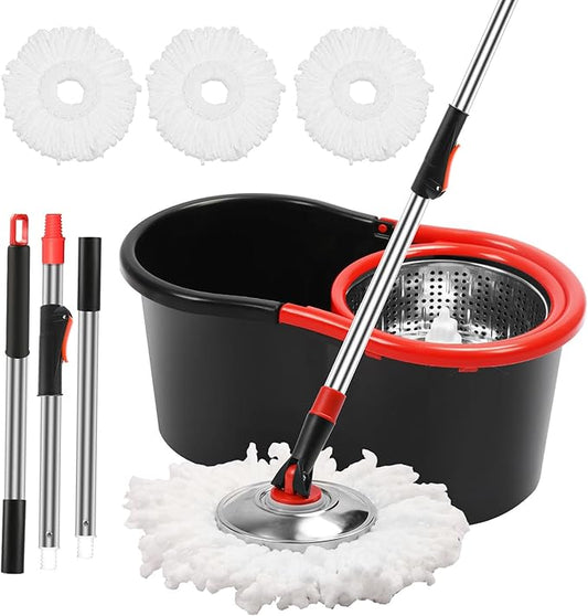 Spin Mop and Bucket with Wringer Set, 360° Spinning Mop and Bucket System with 3 Microfiber Mop Replacement Heads and 51" Stainless Steel Adjustable Handle for Mop Floor Cleaning