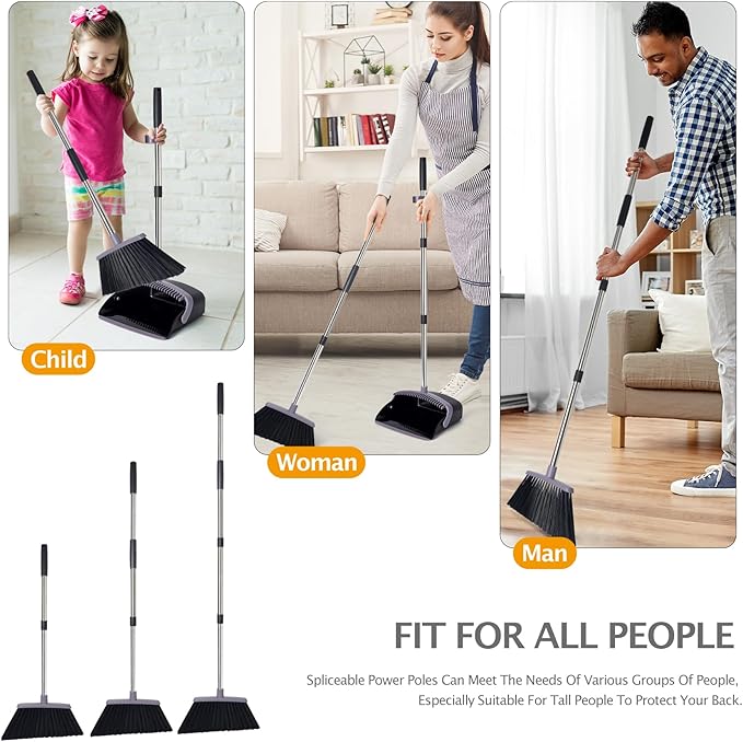 XXFLOWER Broom and Dustpan Set, Dustpans with Broom Combo for Home, Heavy Dust Broom and Dustpan Combo, Long Handle Dust Pan and Broom Set for Kitchen, Office, Pet Hair, Charcoal Color, Pack of 1
