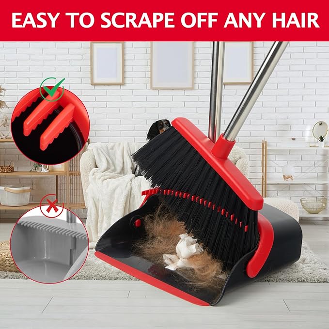 XXFLOWER Broom and Dustpan Set with Long Handle, Heavy Dust Broom and Dustpan Combo for Home，Kitchen, Office, Pet Hair (Black Red)