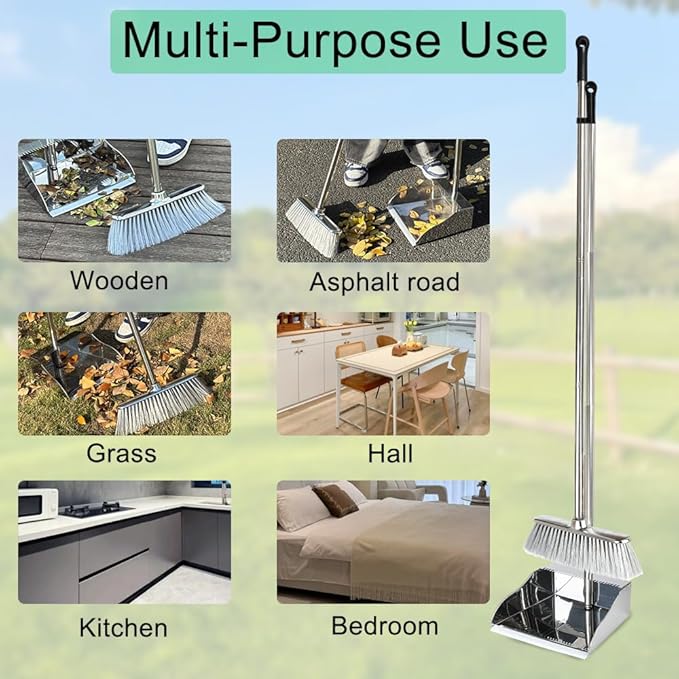 Metal Dustpan with Soft Bristles Broom Heavy Duty Stainless Steel Upright Standing Dust Pan and Broom for Sweeping Indoor Outdoor Home Kitchen Office Lobby Hardwood Floor Cleaning