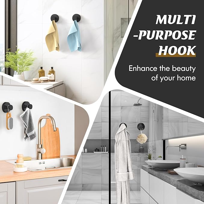 MOTAIPEAK Suction Cup Hooks for Shower,Removable Shower Towel Suction Hooks for Bathroom Wall,Kitchen,Glass,Mirror,Tile to Hang Robes,Loofah-Black(2-Pack)