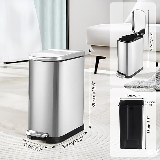 ELPHECO 3.5 Gallon Bathroom Trash Can with Soft Close Lid, 13.5 Litre Stainless Steel Pedel Garbage Can with Removable Inner Bucket, Wastebasket for Bathroom, Office, Bedroom, Silver