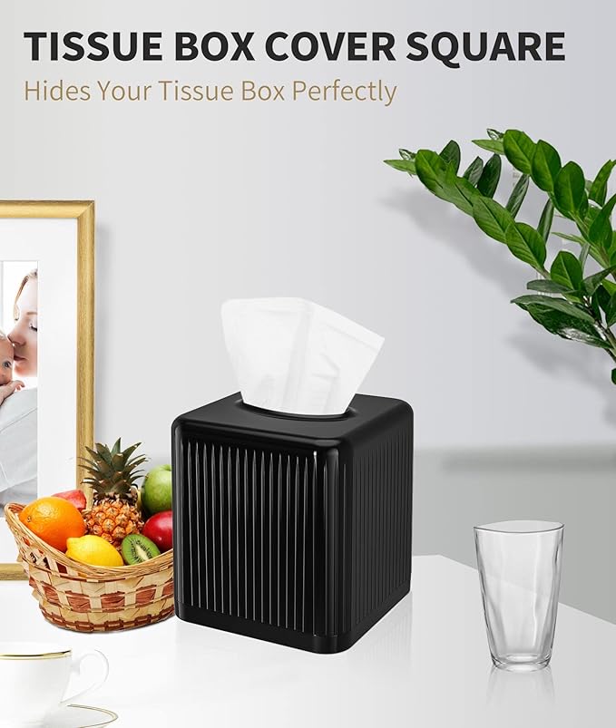 Livelab Square Plastic Tissue Box Holder with Base - Modern Cube Decorative Tissue Cover for Bathroom, Countertop, Living Room, Bedroom, Office - Black
