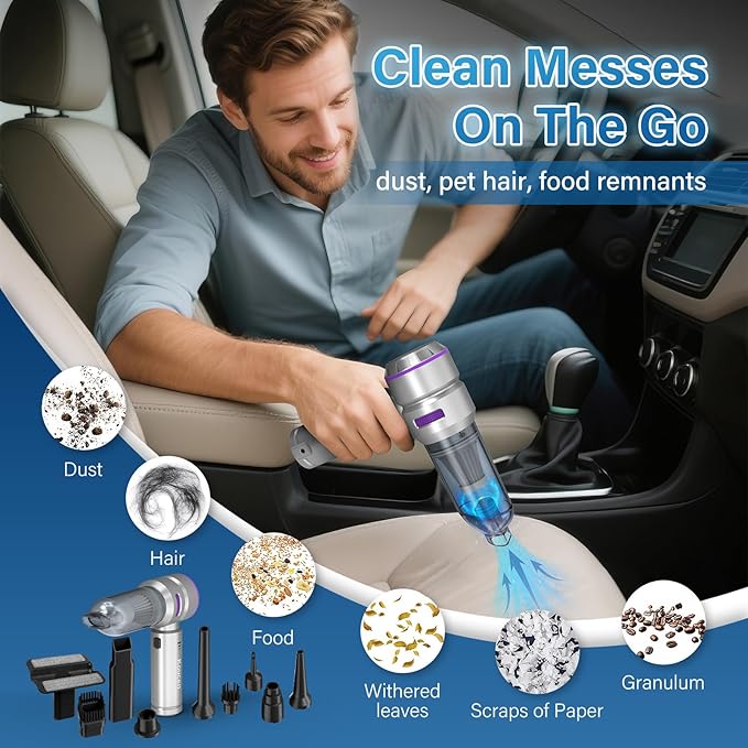 Koucen Car Vacuum Portable Cordless 20000pa High Power 4-in-1 Handheld Vacuum Cordless Rechargeable, Portable Vacuum with 3 Reusable Filter, Small Vacuums for Car Home Office & Pet(Silver Purple)