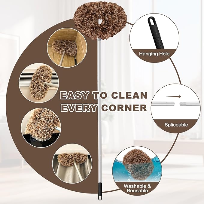 Heonay Ceiling Fan Cleaner Duster Reusable Microfiber Ceiling Fan Blade Cleaner Removable Duster with Extension Pole Adjusts 13 to 49.7 Inch for Cleaning Walls Furniture Door Window Top (Beige Brown)
