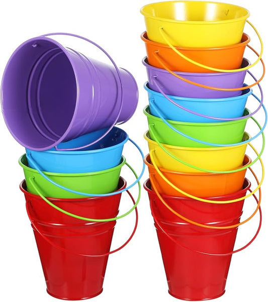 Sadnyy 12 Pack Metal Buckets with Handle, Galvanized Bucket 4.5 x 5 Inch Basket Bucket Party Supplies, Crafts for Christmas Halloween Candy Bars Vase Crafts(Rainbow Color)