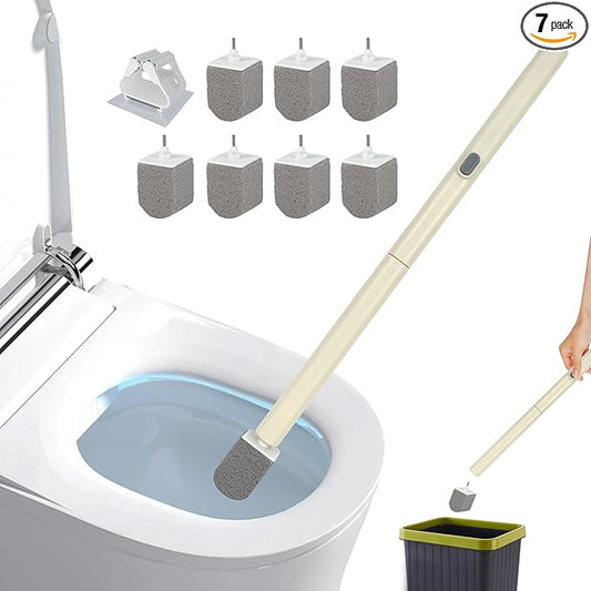 Rwotlls Pumice Stone Toilet Bowl Cleaner with 20" Ultra Long Handle, Push-Button Replaceable Head Hard Water Ring Stain Remover for Bathroom, Bathtub, Pool, Kitchen Sink Cleaning, 7 Pack (gray)