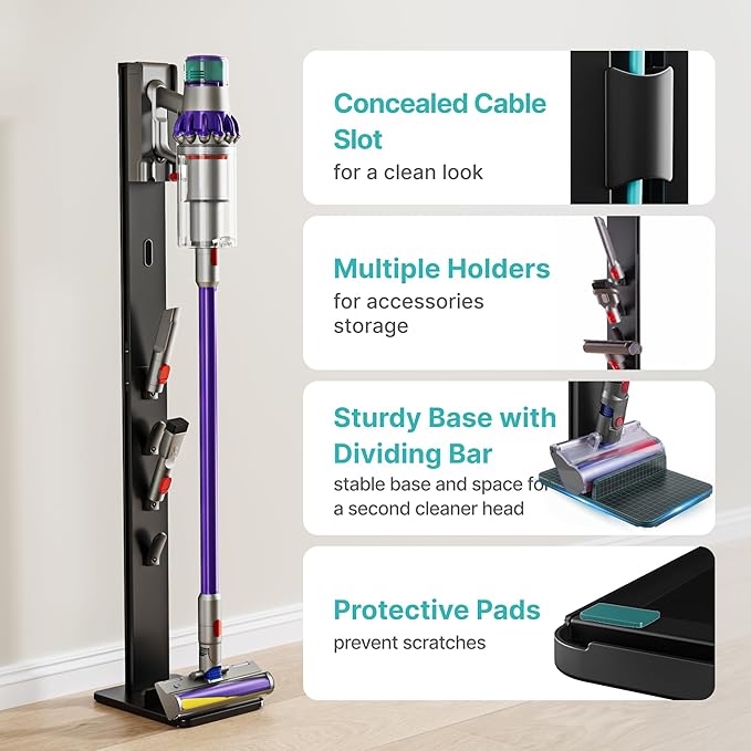 PEGZONE Vacuum Cleaner Stand, Compatible with Cordless Vacuums Dyson Gen5 V15 V12 V11 V10 V9 V8 V7 V6, Floor Vacuum Accessory Holder with 4 Hooks, Metal Storage Bracket Organizer, Black