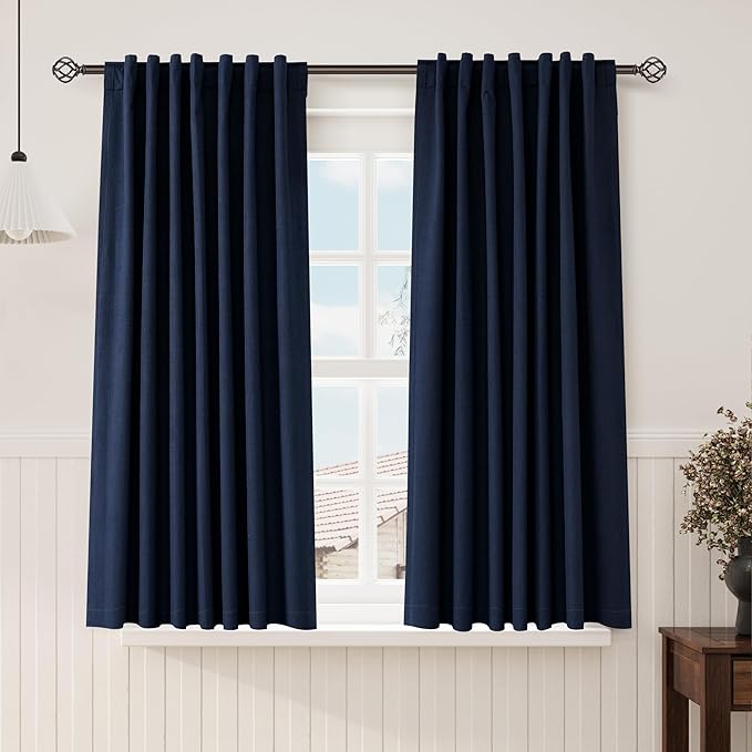 Nanspring Navy Blue 100% Blackout Curtains 63 inches Long Back Tab Rod Pocket Thermal Insulated Textured Short Blackout Curtains 2 Panels Set 52x63