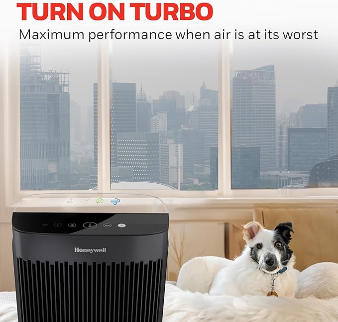 Honeywell HEPA Air Purifier for Home, 938 sq ft Rooms in 1 Hour, Turbo Clean, Reduces Allergens, Dust, Pollen, Pet Dander, All Smoke Types, Odors, Black, HPA5100B