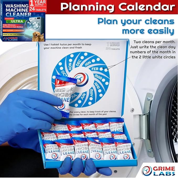 Washing Machine Cleaner Ultra – Pet Owners Edition | Deep Cleaning & Freshening | Removes Odors & Residue from Pet Laundry | Front & Top Load Washers HE Supported | 24 Tablets 1 Year Supply GRIME LABS
