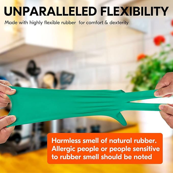 Vgo... 1-Pair Reusable Household Gloves, Rubber Dishwashing gloves, Extra Thickness, Long Sleeves, Kitchen Cleaning, Working, Painting, Gardening, Pet Care (Size XL, Green, HH4601)