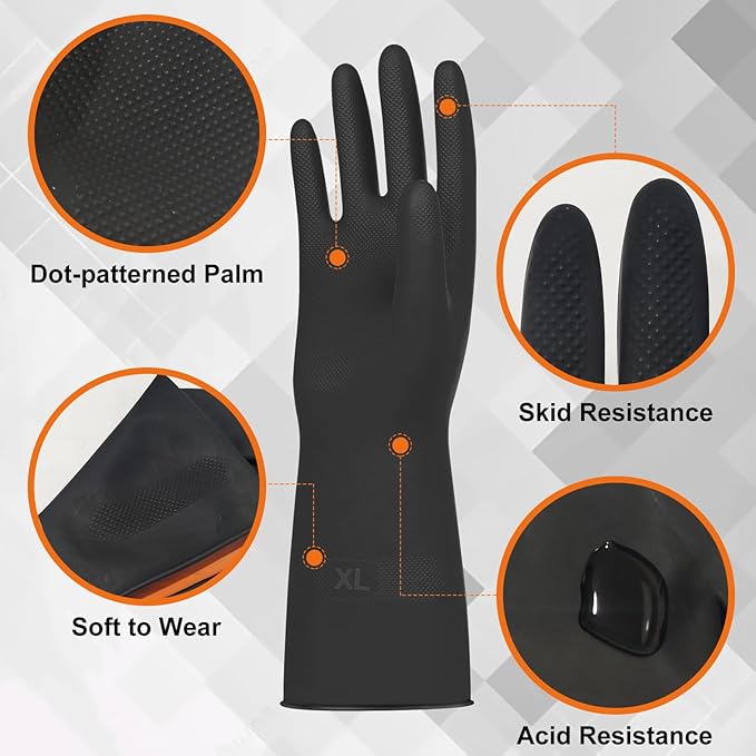 Beieverluck 10 Pairs X-Large Black Chemical Resistant Gloves, Heavy Duty Rubber Cleaning Gloves with Textured Grip and Extended Cuffs