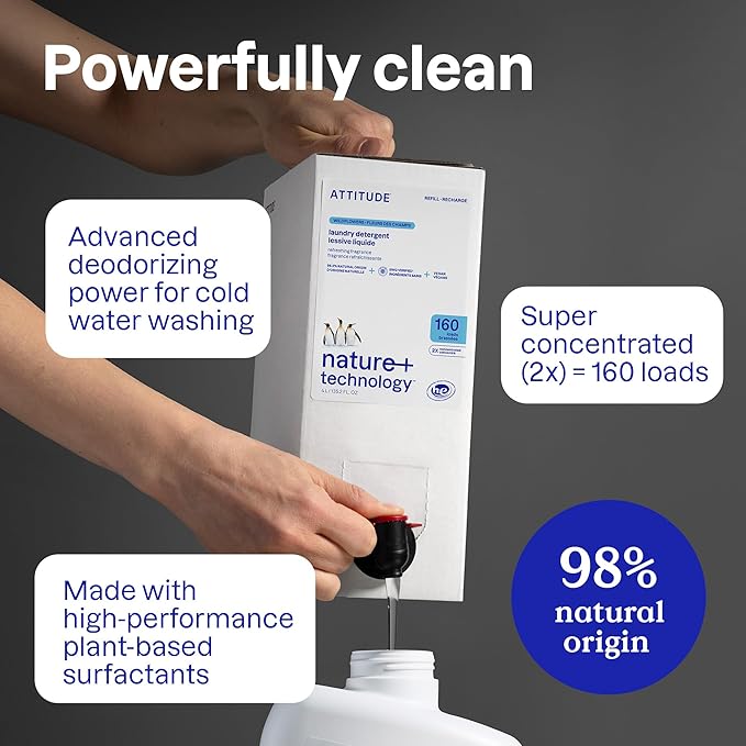 ATTITUDE Liquid Laundry Detergent Refill, EWG Verified, HE Compatible, Plant-Based & Vegan, Natural Laundry Soap, Wildflowers Scent, 160 Loads, 135.26 Fl Oz