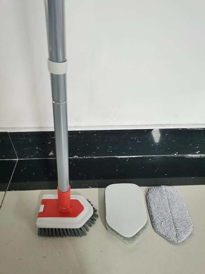 JEHONN Shower Cleaning Brush, Tub Tile Scrubber with Telescopic 51 inches Long Handle, 4 Scrub Heads for Bathroom Bathtub Floor Baseboard Sink Toilet