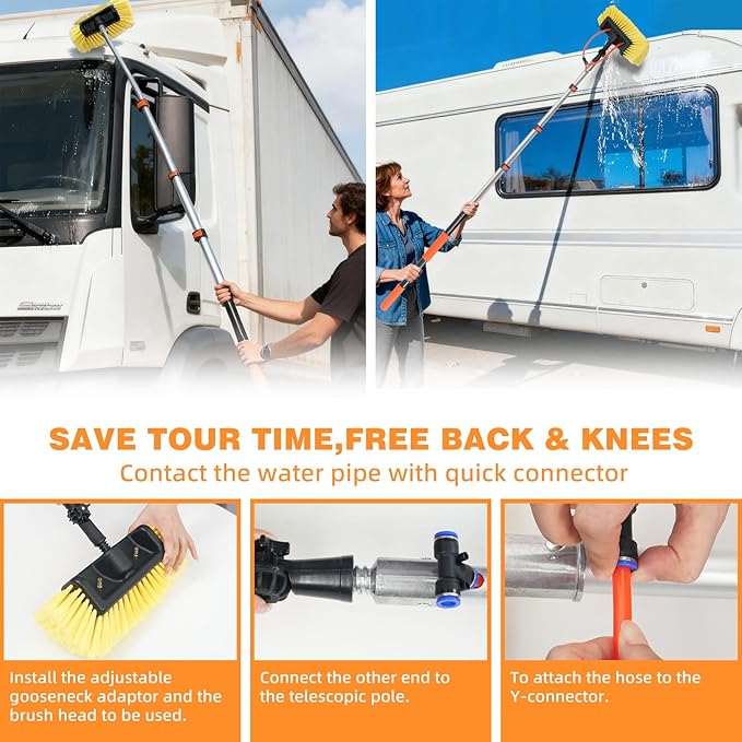 TOWBRUS 20FT/240inch Car Wash Brush with Long Handle Water Fed Telescopic Pole with Angle Adapter 12" Soft and Hard Bristle Cleaning Tool for Car Truck RV House Floor Window Glass Roof Pool