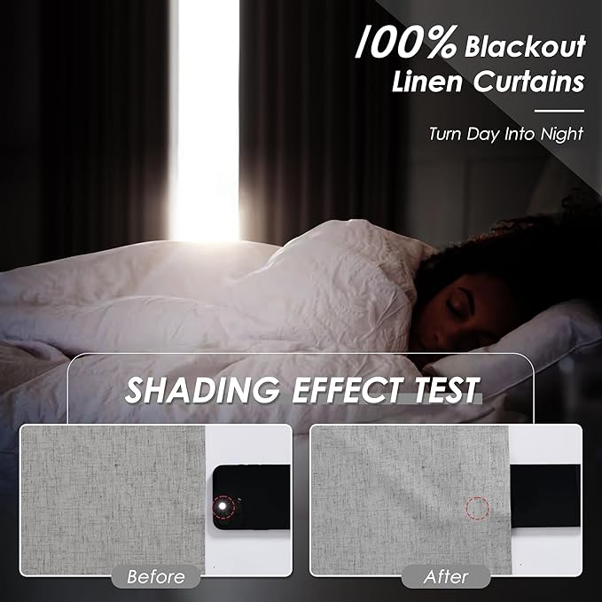 Blackout Charcoal Linen Curtains 96 Inches Long Back Tab Heat Reflective Full Light Block Out Curtain 2 Panels for Bedroom Window Textured Long Draperies with Liner Floor to Ceiling Length 52x96