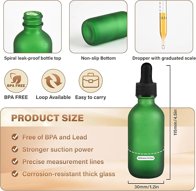 12 Pcs, 2oz Dropper Bottle, Green Glass Eye Dropper Bottle, Tincture Bottles with Dropper, Pretty Finish, Leak-Proof Design, Stronger Suction for All Kinds of Mixed Liquids