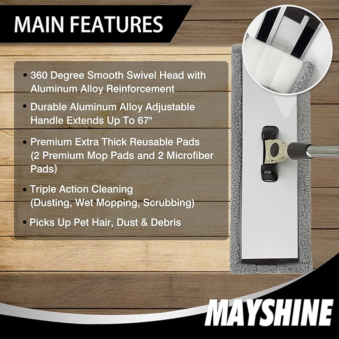 MAYSHINE 18" 360 Spin Microfiber Mop System w/ 2 Premium and 2 Standard Microfiber Pads | Use on Hardwood, Tile, Laminate, Vinyl Wet or Dry | Flat Dust Mop with 67" Extendable Steel Handle