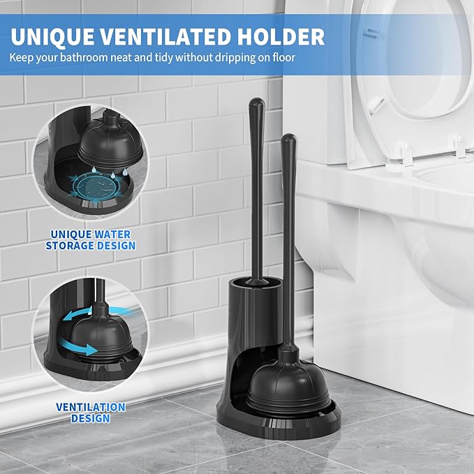 uptronic Toilet Plunger and Brush,2 Pack Bowl Brush and Heavy Duty Toilet Plunger Set with Holder, 2-in-1 Bathroom Cleaning Combo with Modern Caddy Stand for 5.7-inch Toilet Drain Bathroom Cleaning