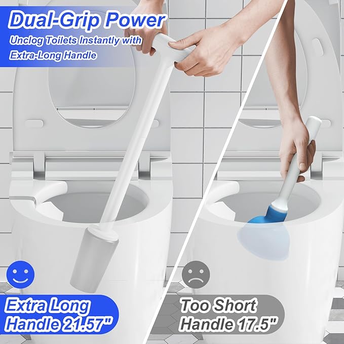 3 in 1 Toilet Brush and Plunger Set，Extended Handle Plunger,Heavy Duty Toilet Bowl Brush and Holder Hidden Toilet Plunger and Brush Set,Bathroom Cleaning Supplies (Pure White)