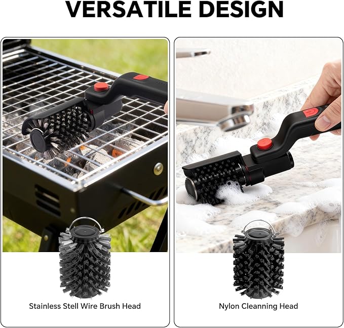 XUDAKAIXIN Electric Rotary Grill Brush with 1 Replacement Head,Cordless Rechargeable Grill Cleaning Brush with Adjustable Angle,No Bristle Shedding,Gifts for Men/Dad