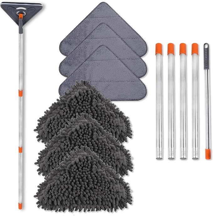 NWGOF Wall Cleaner Mop with 79 Inches Long Handle, 360° Wall Washer Cleaner Tool for Walls/Ceiling Fans/Dust/Baseboard/Floors Clean, Ceiling Cleaner Tool Duster with Squeegee 6 Replacement Pads