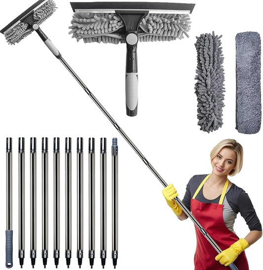 20+ Feet Reach 2 in 1 Window Washing Squeegee & Duster with 3-13 ft Splicable Extension Pole // Window Cleaning Tool & Window Washer Squeegee for Home Indoor Outdoor Window Washing (Grey)
