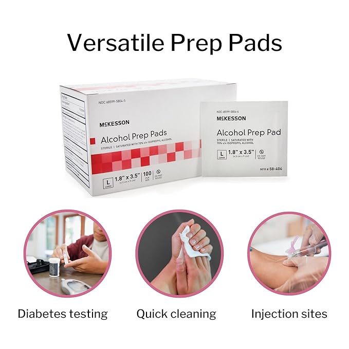 McKesson Alcohol Prep Pads [Pack of 100] 70% Isopropyl, Individually Wrapped Wipes, Sterile, Medical-Grade, First Aid, Large