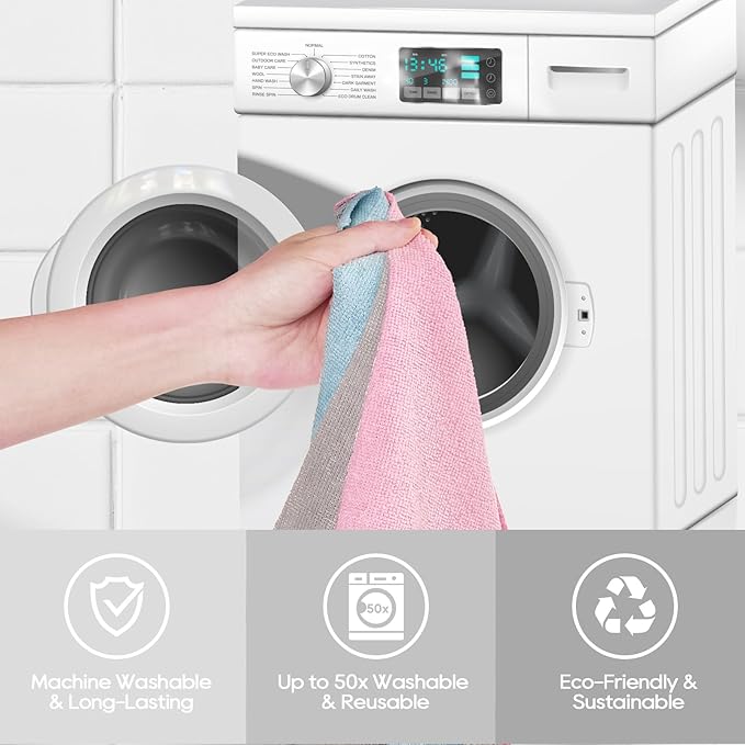 Honova Microfiber Cleaning Cloth Roll-90 Pack, Tear Away Microfiber Towels, 12" x 12", Reusable, Washable, Scratch Free, Highly Absorbent Dish Rags for Car, Home, Garage or Shop(Pink&Grey)