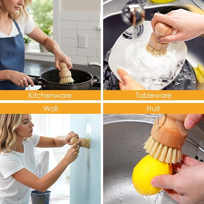 COMNICO 10 Pcs Bamboo Dish Scrub Brush Set, Mini Natural Wooden Scrubbers Set Round Dish Brush Vegetable Durable Scrubber Cleaning Kit for Cleaning Pot Pan Sink