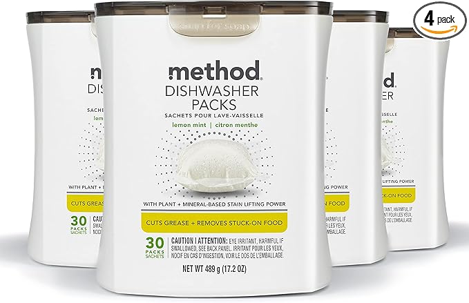 Method Dishwasher Detergent Packs, Lemon Mint, Dishwashing Rinse Aid to Lift Tough Grease and Stains, 30 Dishwasher Tabs per Package, (Pack of 4)
