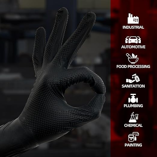 Jointown Basic Heavy Duty Nitrile Gloves, Mechanic Gloves 8 Mil Nitrile Disposable, with Raised Diamond Texture, Case of 1000, Black, Medium