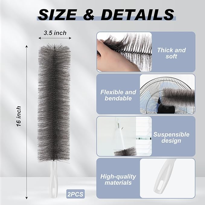 Sliner 2 Pcs Cobweb Duster Bendable Fan Duster Plastic Dust Cleaner Reusable Head Ceiling Brush Microfiber Dirt Remover for Fan Air Conditioning Home Vents Shutters (Gray)
